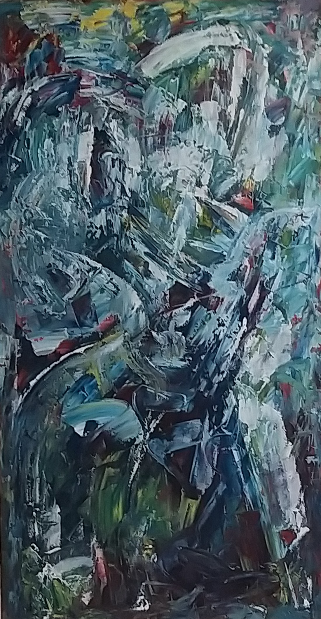 Gyrations, an abstract painting in layered teal, white and deep red impasto